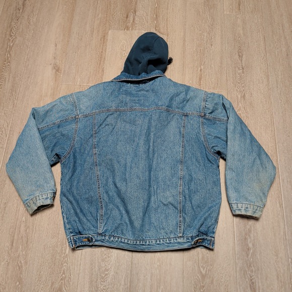 Vintage Faded Glory Mens L Blue Denim Hooded Jacket Quilted Lined Distressed - Picture 3 of 11
